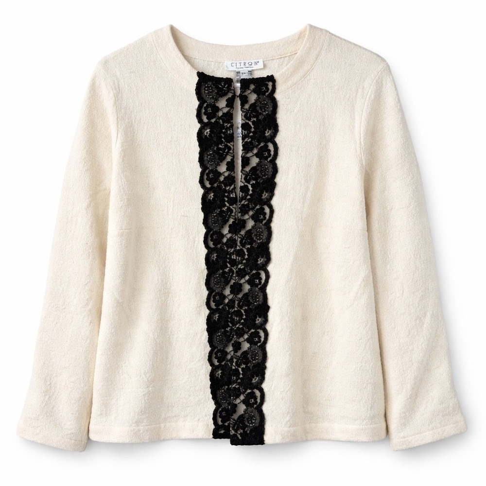 CITRON‎ Santa Monica Cardigan Cream Textured Black Lace Trim Knit Sweater M VTG
